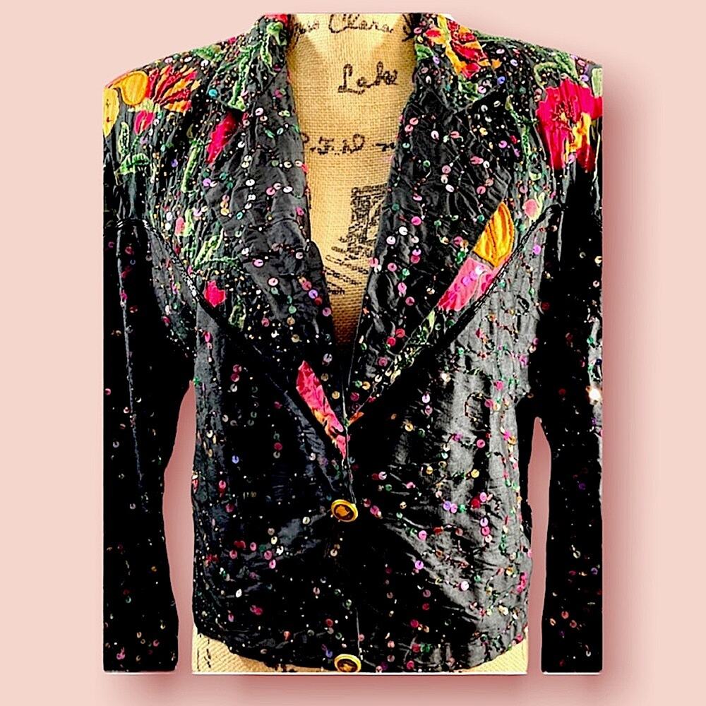 Pink & Orange Floral Appliqué and black Silk Blazer Vintage 1980s SZ 10